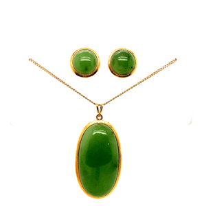 Gold Set Jade Chloromelanit Cabochon – 750 Gold – Ring – Ohrringe – Anhänger